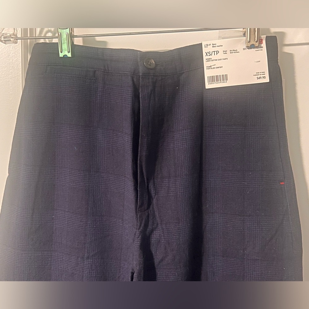 NWT Uniqlo Women Linen Cotton Navy Plaid Check Easy Pant XS Ines De La Fressange